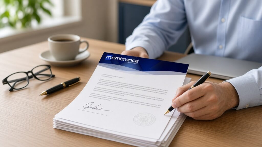 A professional reviews signed corporate documents on Membrance letterhead at a desk